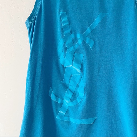Yves Saint Laurent 1990s YSL Velvet logo-print tank top Teal Blue - Picture 3 of 10
